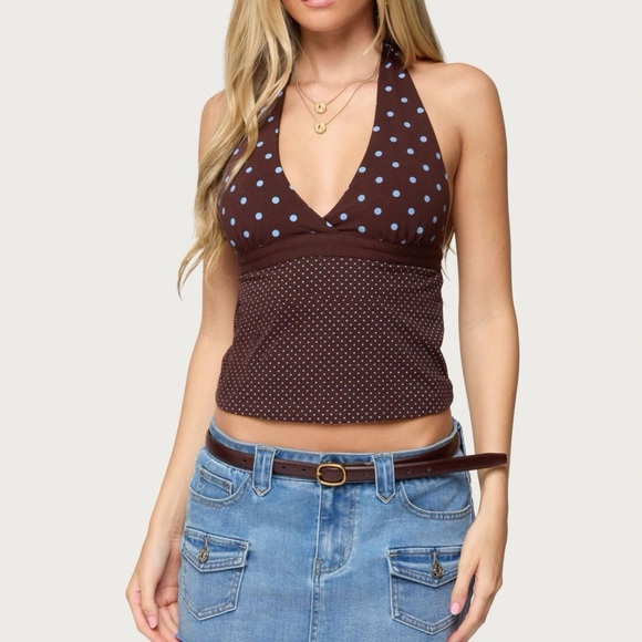 Brown Halter Top with Blue Polka Dots - Picture 5 of 7